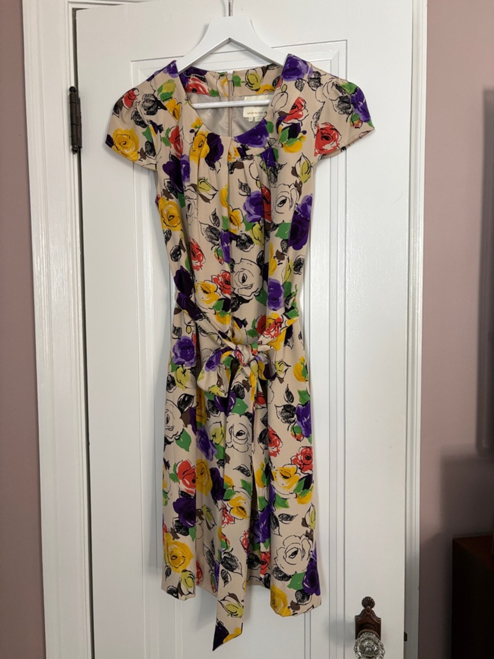 Kate Spade Silk Midi Dress in Cream with Multicolor Floral Print and sash belt